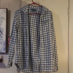 Men's Plaid Button-Up Shirt in Blue and White Medium
